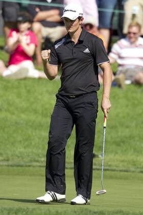 Justin Rose (England) reacts after making a birdie on the par 3, 16th hole during the final round of the Memorial Tournament held at Muirfield Village G.C. in Dublin, Ohio. Icon4391006067869 o0 Freude EDITORIAL USE ONLY