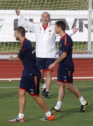 Spain s coach Vicente del Bosque (C), Gerard Pique (L) and Xabi Alonso during training session.June 10, 2010.  (20100610850) o0 Nationaltrainer, Trainer