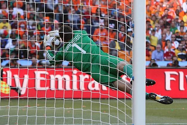 14 JUN 2010: Thomas Sorensen (DEN)(1) saves a shot on goal. The Netherlands National Team defeated the Denmark National Team 2-0 at Soccer City Stadium in Johannesburg, South Africa in a 2010 FIFA World Cup Group E match. Icon009100614033 EDITORIAL USE ONLY
