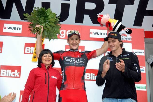 Marcus Burghardt (GER BMC Cycling Team) - Podium - Stagewinner - Event: Tour de Suisse 2010 - Stage 5 - Wettingen to Frutigen 172.5 km - Date: 16.06.2010 - Location: Frutigen - Switzerland - Europe - Contact o0 siegerehrung