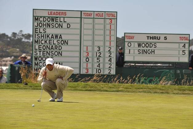 Tiger Woods (USA) lines up a putt on the fifth green on the day three of the U.S. Open in Pebble Beach, California on June 19, 2010.  PBP2010061910