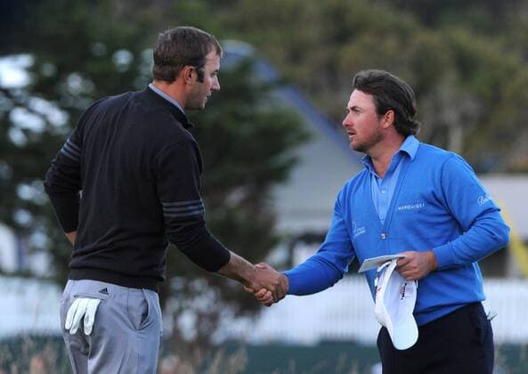 Dustin Johnson (USA) (L) shakes hands with Graeme McDowell (northern Ireland) after their round during the third round of the U.S. Open in Pebble Beach, California on June 19, 2010.  PBP20100619314