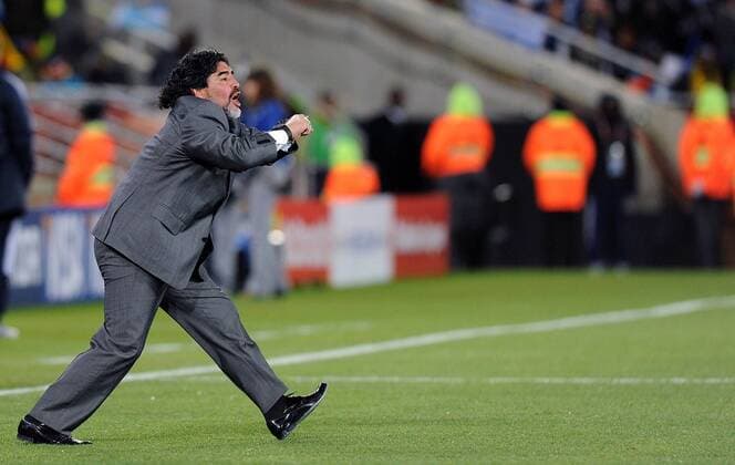 Diego Armando Maradona, coach of Argentina celebrates a goal during the 2010 FIFA World Cup soccer match between Greece and Argentina at Peter Mokaba Stadium on June 22, 2010 in Polokwane - - ZUMAgh1