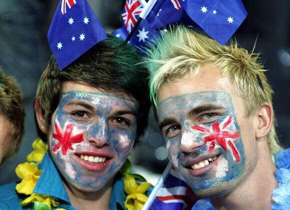 Australische Fans.  o0 Zuschauer Gesichtsbemalung, Bemalung, bemalt Landesfarben