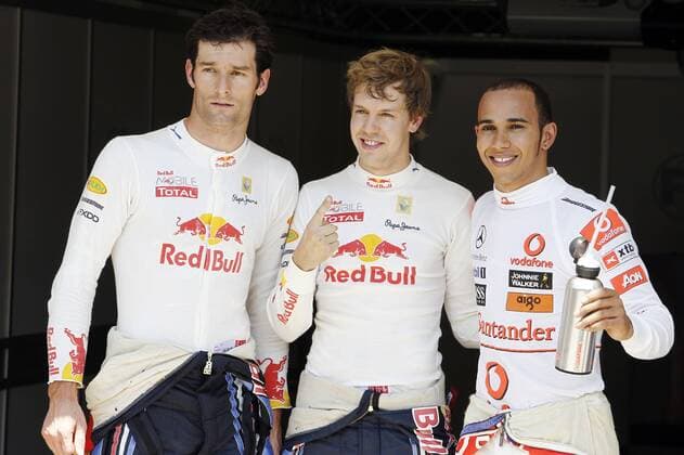 Motorsports Formula 1: World Championship 2010, GP of Europe, 05 Sebastian Vettel (GER, Red Bull Racing) sichert sich die Pole Position vor 06 Mark Webber (AUS, Red Bull Racing, li.) und 02 Lewis Hamilton (GBR, Vodafone McLaren Mercedes) o0 Qualifying