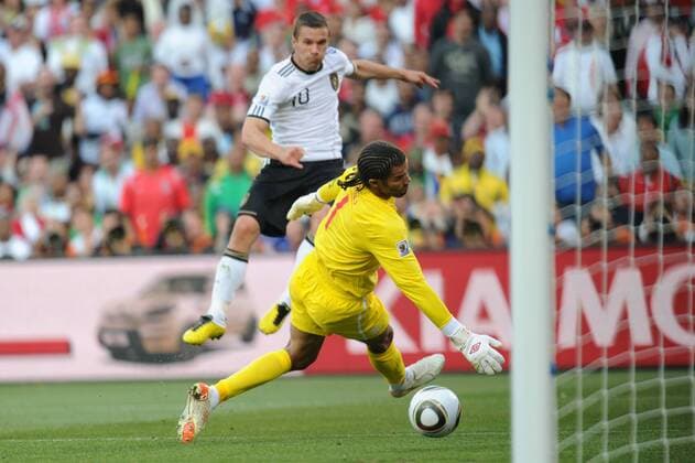Lukas Podolski of Germany shoots to score against goalkeeper David James of England during the match between England and Germany at the 2010 FIFA World Cup at Free State stadium in Bloemfontein on June 27, 2010.  o0 Tor