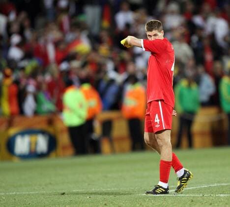 England s Steven Gerrard looks on dejected at the ending whistle FIFA World Cup 2010 Round of 16 Germany v England 27th June, 2010 EDITORIAL USE ONLY. No use with unauthorised audio, video, data, fixture lists, club league logos or live services. Online in-match use limited to 120 images, no video emulation. No use in betting, games or single club league player publications.