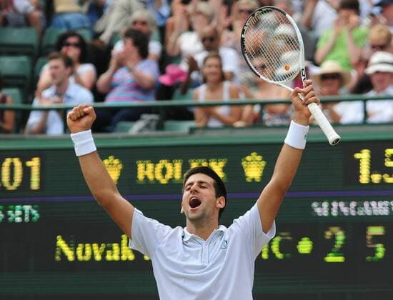 Serbia s Novak Djokovic celebrates after the men s singles 4th round match at the 2010 Wimbledon Championships in London, Britain, June 30, 2010.  o0 Jubel Freude