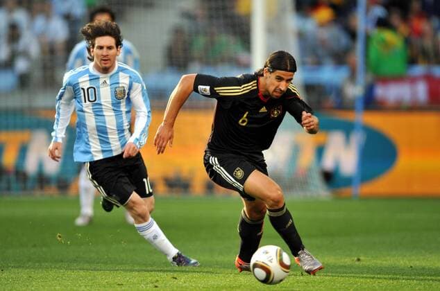 Sami Khedira (R) of Germany vies with Lionel Messi of Argentina during their 2010 World Cup quarterfinal soccer match at Green Point stadium in Cape Town on July 3, 2010. 