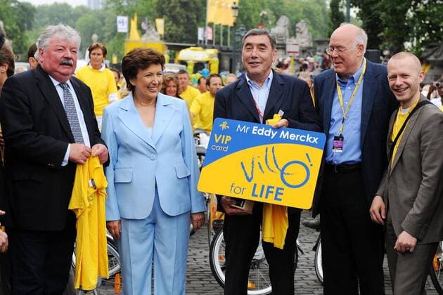 05.07.2010 - 97. Tour de France 2010, 2. Etappe: Brüssel - Spa: v.li.: Brüssels Bürgermeister Freddy Thielemans, Roselyne Bachelot (Ministerin für Gesundheit und Sport) Eddy Merckx und Charles Picque (Ministerpräsident der Region Brüssel Alle BEL) im Ziel - xPhotoNewsx 