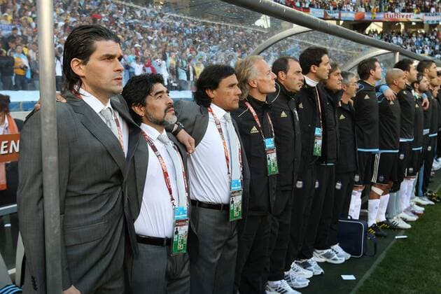 from left: Assistant Alejandro Mancuso, Coach Diego Maradona, Assistant Hector Enrique (ARG), JULY 3, 2010 - Football : 2010 FIFA World Cup QuarterFinal match between Argentina 0-4 Germany at Green Point Stadium in Cape Town.  (56696) o0 Nationaltrainer