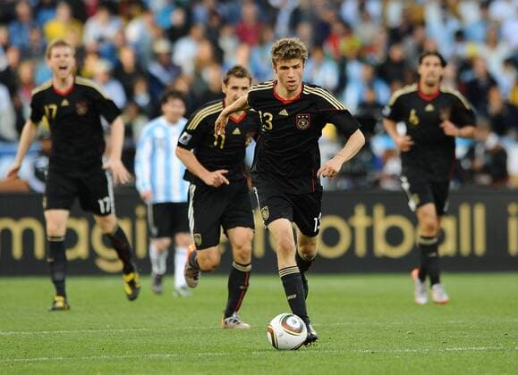 Football - 2010 FIFA World Cup - Quarterfinal - Argentina vs. Germany Thomas Müller of Germany in action at Green Point Stadium, Cape Town 