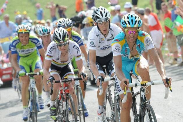 CYCLING - ETAPE 8 MORZINE, 11 07 2010 - TOUR DE FRANCE 2010: v.re.: Alberto Contador (ESP Astana), Andy Schleck (LUX Saxo Bank), Cadel Evans (Australien BMC racing), Ivan Basso (ITA Liquigas) 8. ETAPPE: STATION DES ROUSSES - MORZINE AVORIAZ xPHOTOxNEWSx 