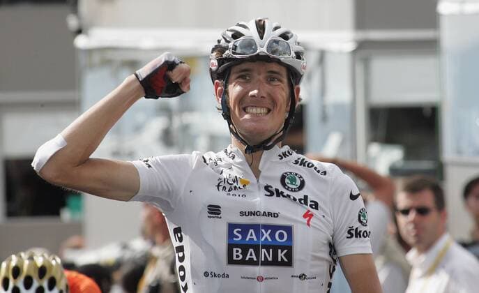11.07.2010 Morzine Radsport 97. Tour de France 2010, 8. Etappe Station des Rousses - Morzine-Avoriaz, Andy Schleck (LUX Saxo Bank) - Etappensieger auf der 8. Etappe der Tour de France o0 Ziel Jubel, Freude Etappensieg, Etappensieger