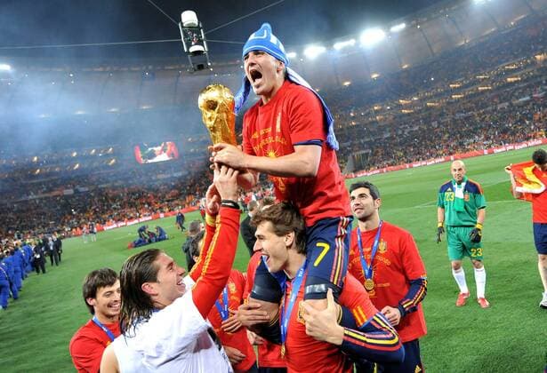 David Villa (Spain, top) celebrates the victory of the World Cup at the end of the final match - giorgioxperottino