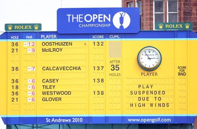 Golf - The British Open - St Andrews Due to high winds causing the balls to oscillate play has been suspended during the second day of the open.  o0 Anzeigetafel, Anzeige, Tafel, Scoreboard Leaderboard Objekte