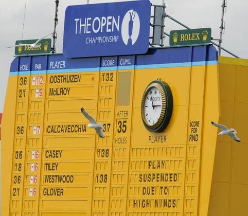 Golf is suspended due to extreme high winds on the second day of the Open championship in St.Andrews, Scotland on July 16, 2010.  LON2010071614 o0 Scoreboard Leaderboard Anzeigetafel, Anzeige, Tafel, Objekte