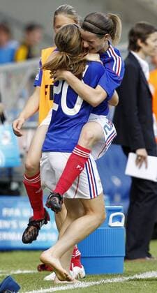 Camille Catala (France, L) and Annaig Butel (France, R) celebrates the winning of the FIFA U20 Women s World Cup Group A match between Costa Rica and France (0-2) at the FIFA U-20 Women s World Cup stadium on July 16, 2010 in Bochum, Germany. o0 Jubel Freude
