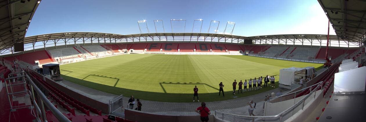 Fußball, Stadiongeschichte FC Ingolstadt 04 FC Ingolstadt, Panoramabild, AUDI-Sportpark, neues Stadion wird am 24.07.2010 eröffnet. AUDI-Sportpark, das neue Stadion des FC Ingolstadt o0 Eröffnung Neueröffnung fisheye