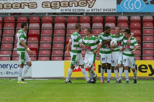 Football - UEFA Champions League 3rd Qualifying Round - The New Saints FC (white green) vs. RSC Anderlecht (blue black) --- The New Saints celebrate their consellation goal at the Racecourse Ground, Wrexham 