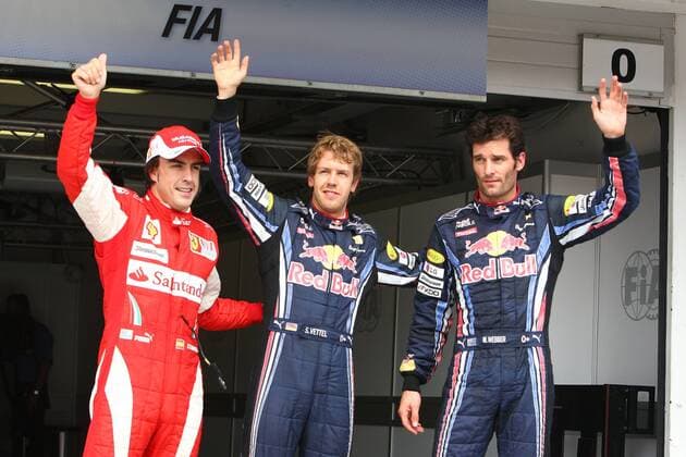 Sebastian Vettel (Mitte) holt sich die Pole Position vor Mark Webber (beide Red Bull Racing) und Fernando Alonso (Scuderia Ferrari), Formel 1, GP von Ungarn in Budapest, 31.7.10