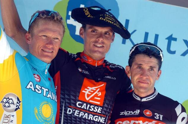 2010, Clasica San Sebastian, (L-R) Alexandre Vinokourov (Astana), Sieger Luis Leon Sanchez Gil (Caisse d Epargne), und Carlos Sastre (Cervelo Test) , San Sebastian  o0 dEpargne