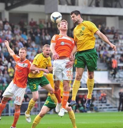 From left to right Wilfried Niflor of Lovech, Mario Pecalka of Zilina, Nikolay Bodurov of Lovech and Tomas Oravec of Zilina during third qualifying round match of the Champions League between MSK Zilina and Litex Lovech in Zilina, Slovakia on Aug. 4, 2010. (CTKxPhoto JaroslavxPodhorsky)  CTKPhoto1201008040979701