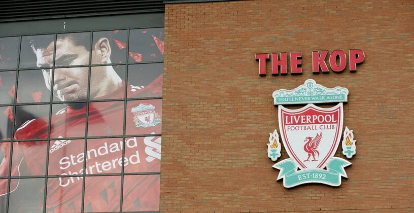 LIVERPOOL, ENGLAND - Thursday, August 5, 2010: A huge banner of captain Steven Gerrard hangs on the side of Liverpool s famous Spion Kop advertising the club s new kit at Anfield Road. xHOCHxZWEIx xPropagandax 
