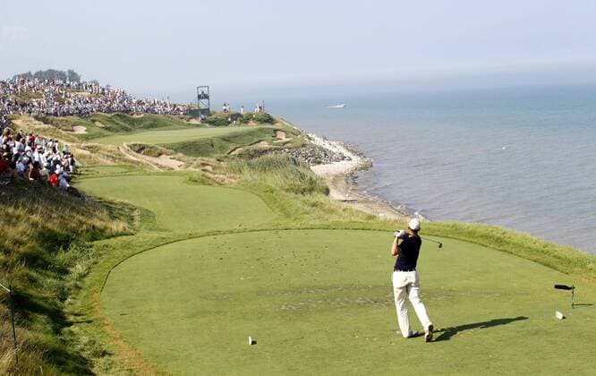 Martin Kaymer of Germany tees off on the 7th hole during the first round of the 92nd PGA Championship at Whistling Straits in Kohler, Wisconsin on August 12, 2010.  BKX2010081219 o0 Lake Michigan See