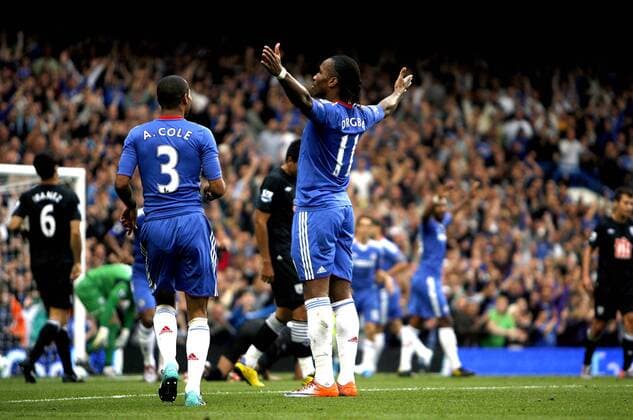 Didier Drogba of Chelsea celebrates scoring his side s fifth goal - Barclays Premier League, FC Chelsea vs. West Bromwich Albion 14th August, 2010 EDITORIAL USE ONLY. No use with unauthorised audio, video, data, fixture lists, club league logos or live services. Online in-match use limited to 120 images, no video emulation. No use in betting, games or single club league player publications. o0 Jubel Freude