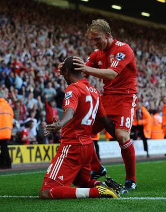 Barclays Premier League - Liverpool vs. Arsenal Liverpool s David N Gog celebrates his goal with teammate Dirk Kuyt at Anfield in Liverpool  o0 Ngog Freude