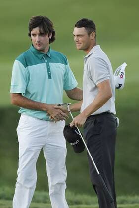 Martin Kaymer of Germany (R) shakes hands with Bubba Watson after beating him in the playoff for the 92nd PGA Championship at Whistling Straits in Kohler, Wisconsin on August 15, 2010. Kaymer won a three-hole playoff by one stroke to win the tournament after finishing regulation play with a 11-under-par 277.  BKX2010081552