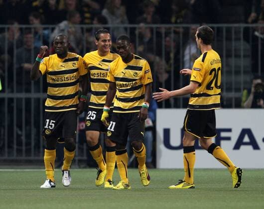 Young Boys Henri Bienvenu (L) celebrates scoring his sides second goal UEFA Champions League Qualifying Young Boys Bern (yellow) v Tottenham Hotspur (white) 17th August, 2010 EDITORIAL USE ONLY. No use with unauthorised audio, video, data, fixture lists, club league logos or live services. Online in-match use limited to 120 images, no video emulation. No use in betting, games or single club league player publications. o0 Freude