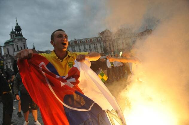 Fans of the Slovak soccer club MSK Zilina gather at the Old Town Square to march to the stadium to support their team in the Champions League qualifying play-off first leg match in Prague Tuesday, Aug. 17, 2010. (CTKxPhoto RenexVolfik)  CTKPhoto575201008170697801
