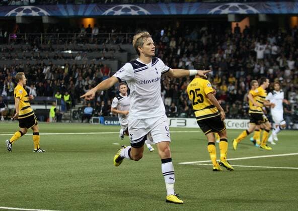 Tottenham s Roman Pavlyuchenko celebrates scoring his sides second goal UEFA Champions League Qualifying Young Boys Bern (yellow) v Tottenham Hotspur (white) 17th August, 2010 EDITORIAL USE ONLY. No use with unauthorised audio, video, data, fixture lists, club league logos or live services. Online in-match use limited to 120 images, no video emulation. No use in betting, games or single club league player publications. o0 Jubel Freude
