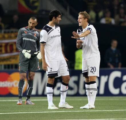 Tottenham s Michael Dawson (R) and Vedran Corluka looks on dejected having gone 3-0 down UEFA Champions League Qualifying Young Boys Bern (yellow) v Tottenham Hotspur (white) 17th August, 2010 EDITORIAL USE ONLY. No use with unauthorised audio, video, data, fixture lists, club league logos or live services. Online in-match use limited to 120 images, no video emulation. No use in betting, games or single club league player publications.