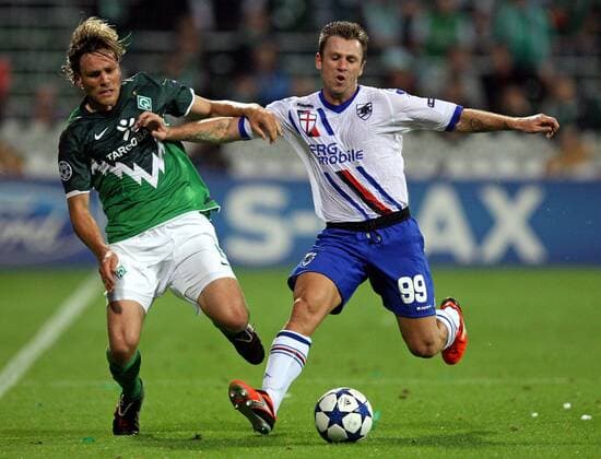 18.08.2010, Fußball Champions League Qualifikation Play-Off, 18.08.2010: SV Werder Bremen - Sampdoria Genua, im Weserstadion Bremen, v.l. Clemens Fritz (Werder Bremen) , Antonio Cassano (Sampdoria Genua)