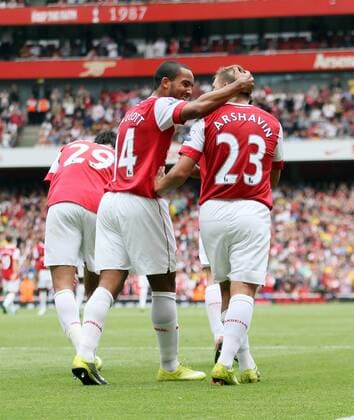 Arsenal s Theo Walcott (L) congratulates Andrei Arshavin after his goal Barclays Premier League Arsenal London (red) v Blackpool FC (white) 21st August, 2010 EDITORIAL USE ONLY. No use with unauthorised audio, video, data, fixture lists, club league logos or live services. Online in-match use limited to 120 images, no video emulation. No use in betting, games or single club league player publications. o0 Jubel Freude