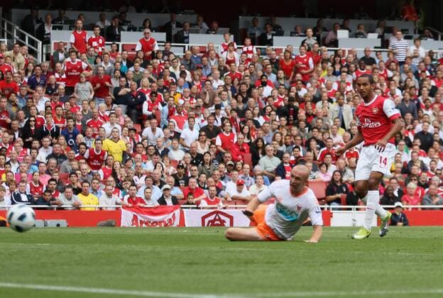 Arsenal s Theo Walcott scoring his sides opening goal Barclays Premier League Arsenal London (red) v Blackpool FC (white) 21st August, 2010 EDITORIAL USE ONLY. No use with unauthorised audio, video, data, fixture lists, club league logos or live services. Online in-match use limited to 120 images, no video emulation. No use in betting, games or single club league player publications.