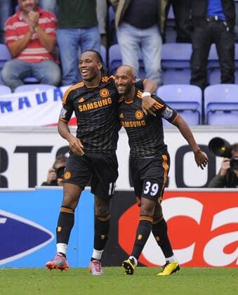 Didier Drogba (L) of Chelsea FC London and Nicolas Anelka of Chelsea FC London celebrate Barclays Premier League Wigan Athletic v Chelsea FC London 21st August, 2010 EDITORIAL USE ONLY. No use with unauthorised audio, video, data, fixture lists, club league logos or live services. Online in-match use limited to 120 images, no video emulation. No use in betting, games or single club league player publications. o0 Jubel, Freude,