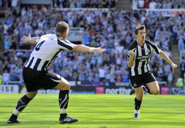Newcastle s Joey Barton (R) celebrates scoring his side s first goal. Barclays Premier League Newcastle United v Aston Villa 22nd August, 2010 EDITORIAL USE ONLY. No use with unauthorised audio, video, data, fixture lists, club league logos or live services. Online in-match use limited to 120 images, no video emulation. No use in betting, games or single club league player publications.