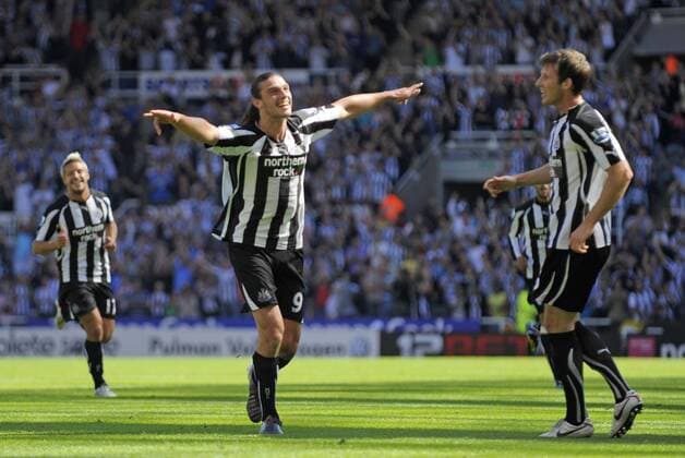 Newcastle s Andy Carroll (L) celebrates scoring his side s third goal. Barclays Premier League Newcastle United v Aston Villa 22nd August, 2010 EDITORIAL USE ONLY. No use with unauthorised audio, video, data, fixture lists, club league logos or live services. Online in-match use limited to 120 images, no video emulation. No use in betting, games or single club league player publications.