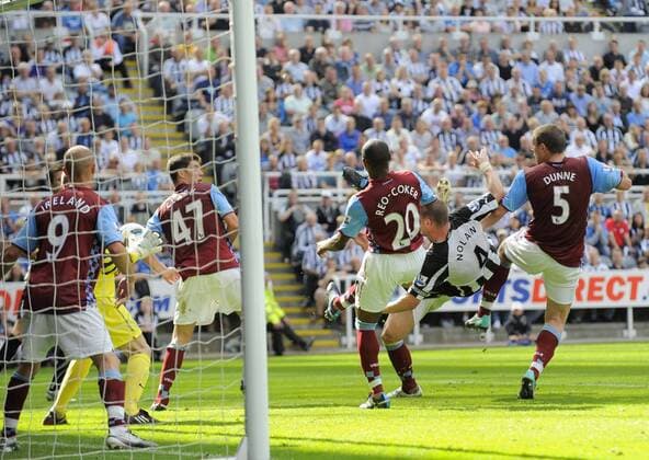 Newcastle s Kevin Nolan scores his side s fifth goal. - Barclays Premier League Newcastle United (black) v Aston Villa (red) 22nd August, 2010 EDITORIAL USE ONLY. No use with unauthorised audio, video, data, fixture lists, club league logos or live services. Online in-match use limited to 120 images, no video emulation. No use in betting, games or single club league player publications.