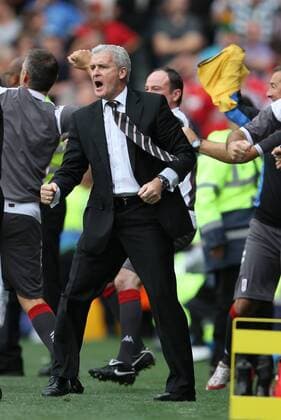 Fulham s coach Mark Hughes celebrates his sides late equaliser - Barclays Premier League Fulham FC (white) v Manchester United ManU (red) 22nd August, 2010 EDITORIAL USE ONLY. No use with unauthorised audio, video, data, fixture lists, club league logos or live services. Online in-match use limited to 120 images, no video emulation. No use in betting, games or single club league player publications.
