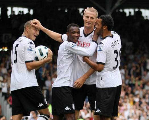Fulham s Brede Hangeland (2.R)celebrates his late goal - Barclays Premier League Fulham FC (white) v Manchester United ManU (red) 22nd August, 2010 EDITORIAL USE ONLY. No use with unauthorised audio, video, data, fixture lists, club league logos or live services. Online in-match use limited to 120 images, no video emulation. No use in betting, games or single club league player publications.