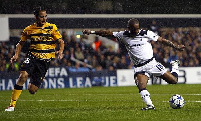 Jermain Defoe of Tottenham Hotspur scores his side s second goal UEFA Champions League Qualifying Tottenham Hotspur (white) v BSC Young Boys Bern - 25th August, 2010 EDITORIAL USE ONLY. No use with unauthorised audio, video, data, fixture lists, club league logos or live services. Online in-match use limited to 120 images, no video emulation. No use in betting, games or single club league player publications.