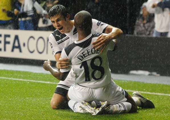 Football - Jermain Defoe (Tott, R) celebrates scoring goal no. 2 with Gareth Bale.Tottenham Hotspur v Young Boys Bern 25 08 2010 Champions league Play off rd 2nd leg 
