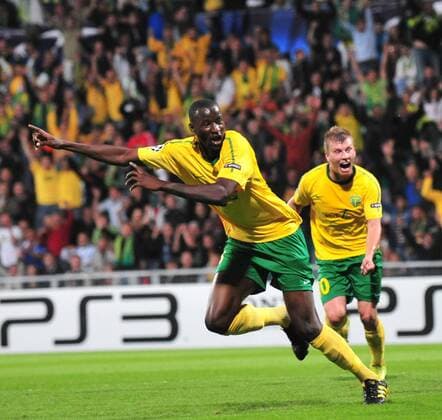 Momodou Ceesay, left, and Tomas Majtan, back right, both of MSK Zilina, celebrate Ceesay s goal during the Champions League qualifying play-off match MSK Zilina - Sparta Praha in Zilina Tuesday, Aug. 25, 2010. (CTKxPhoto JaroslavxPodhorsky)  CTKPhoto76201008250917701