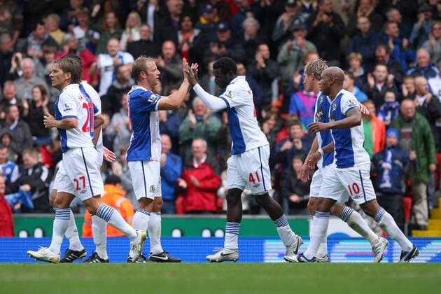Football - Premier League - Blackburn Rovers vs. Arsenal FC London: Mame Biram Diouf c. of Blackburn Rovers celebrates his equlising goal at Ewood Park, Blackburn  o0 Jubel Freude