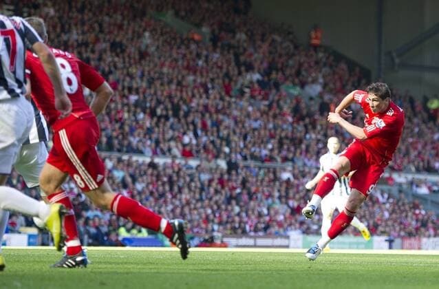 Fernando Torres (R) of Liverpool volleys in the winning goal Barclays Premier League - Liverpool FC vs. West Bromwich Albion 29th August, 2010 EDITORIAL USE ONLY. No use with unauthorised audio, video, data, fixture lists, club league logos or live services. Online in-match use limited to 120 images, no video emulation. No use in betting, games or single club league player publications.